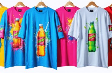 A lively display of custom shirts adorned with energy drink themes, illustrating vibrant and sustainable printing techniques like direct to garment, screen printing, and embroidery.