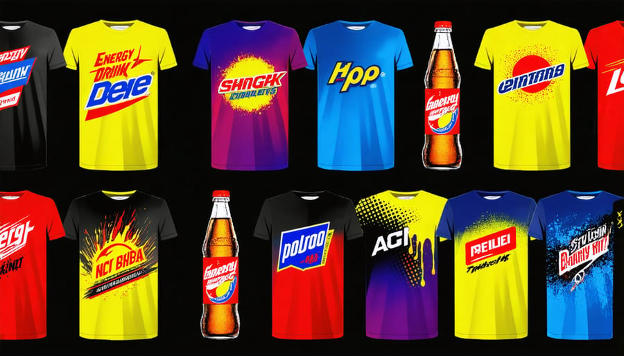 Colorful custom shirts with energy drink themes displayed in a creative arrangement